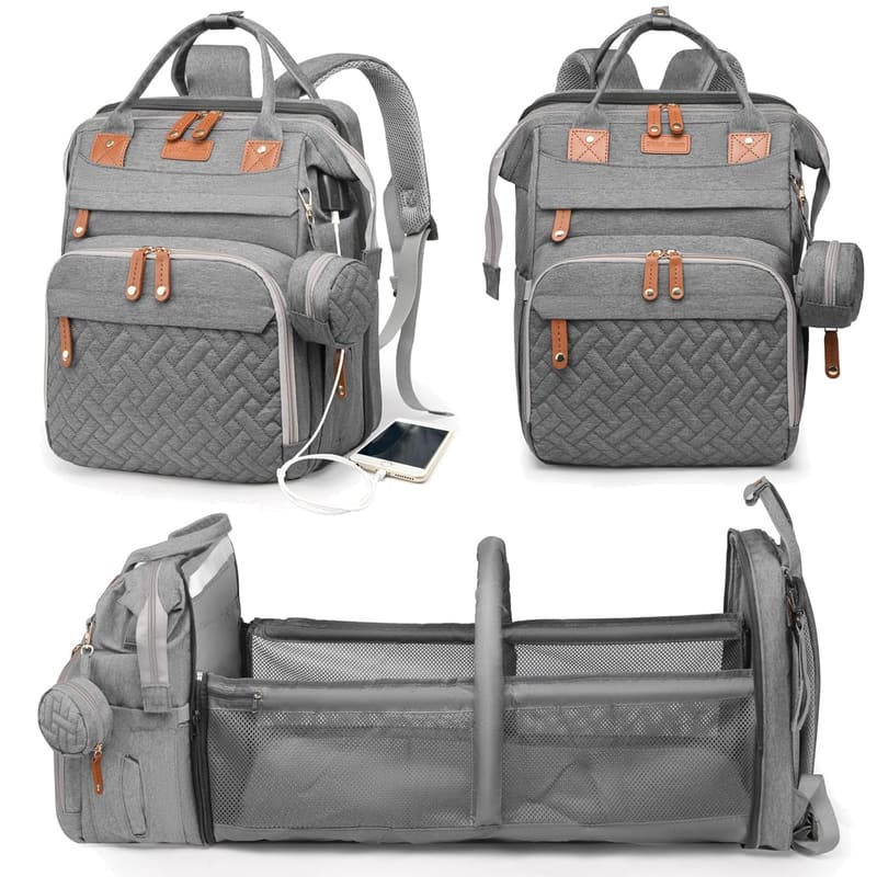 Waterproof Diaper Bag Backpack with Changing Station - Grey