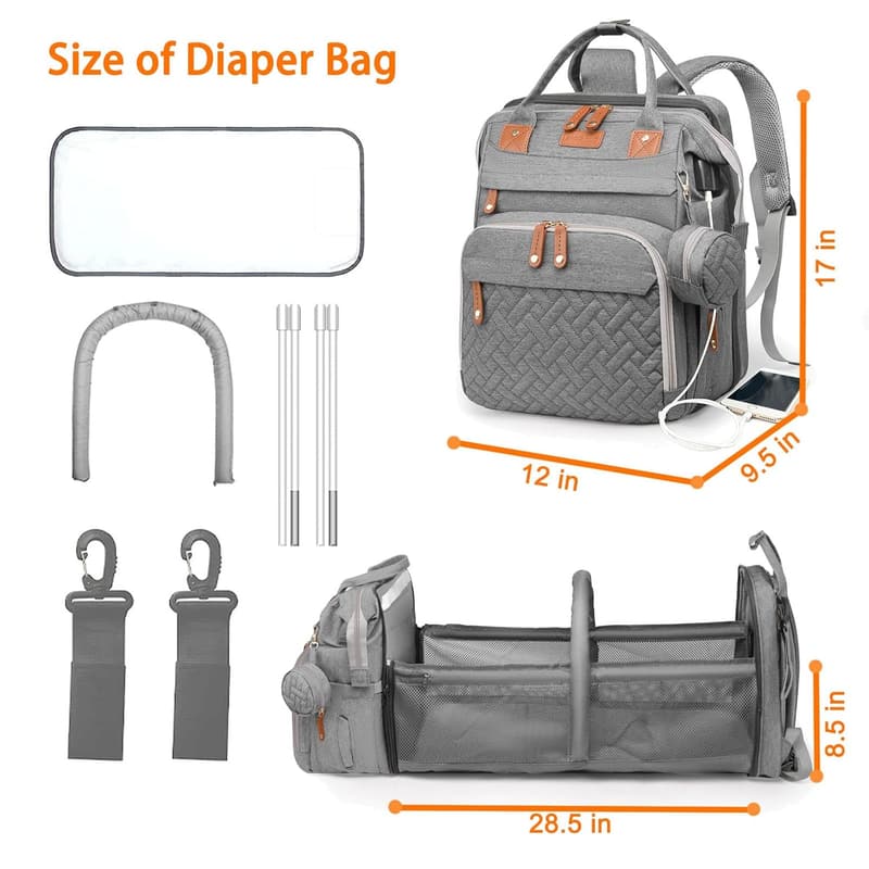 Waterproof Diaper Bag Backpack with Changing Station - Grey