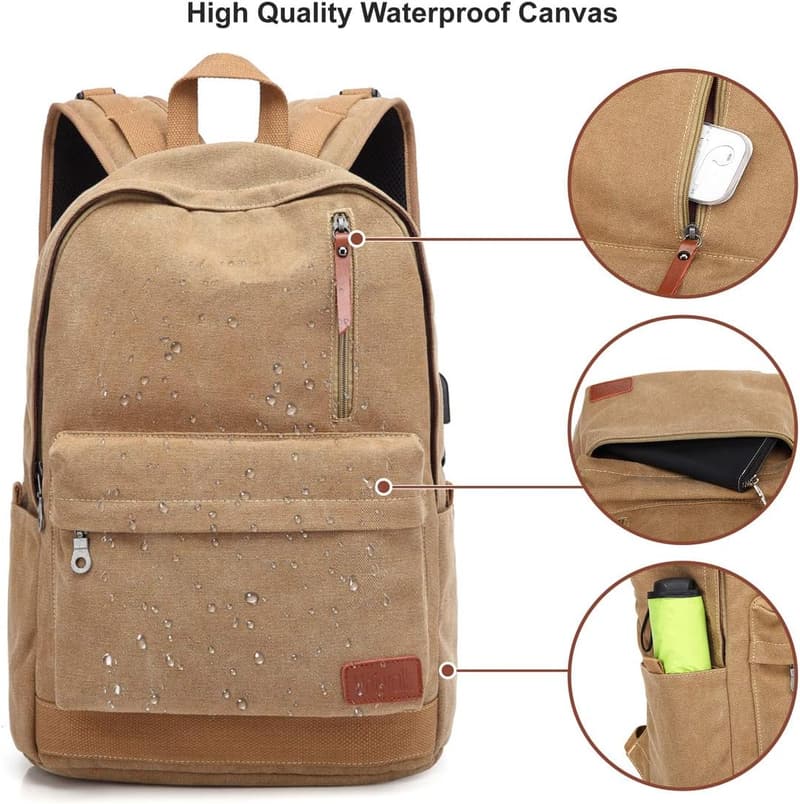 Waterproof College Canvas Laptop Backpack with USB Charging