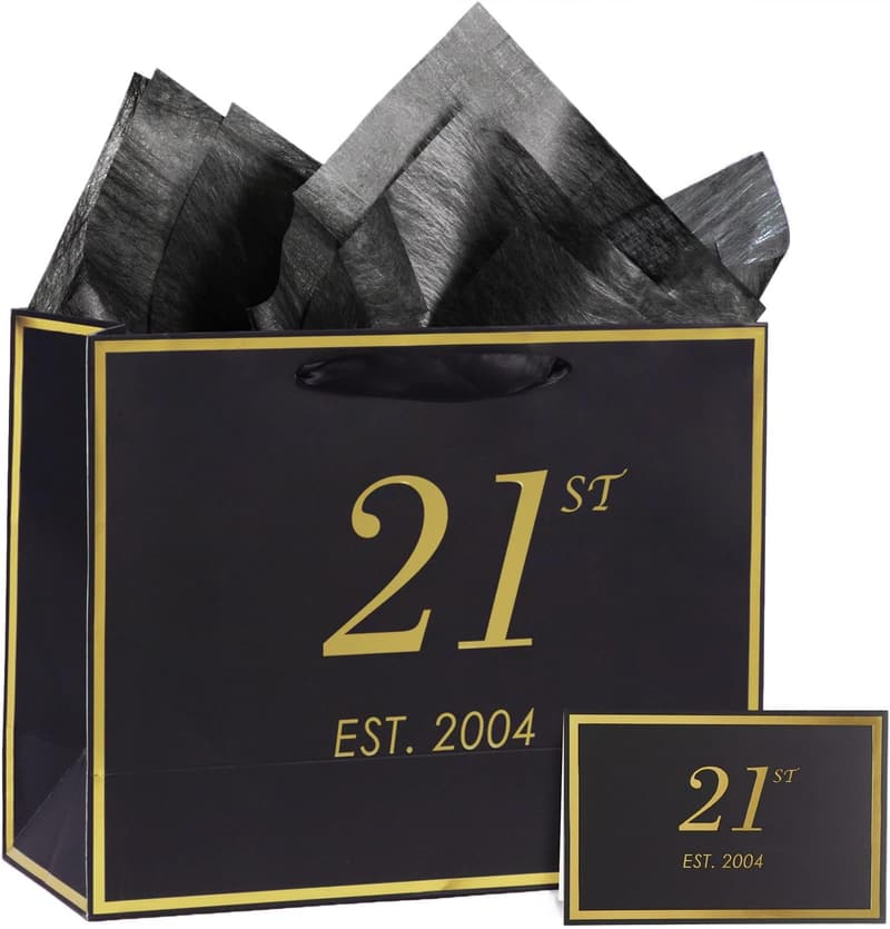21st Birthday Gift Bag with Card & Tissue Paper - Black Gold
