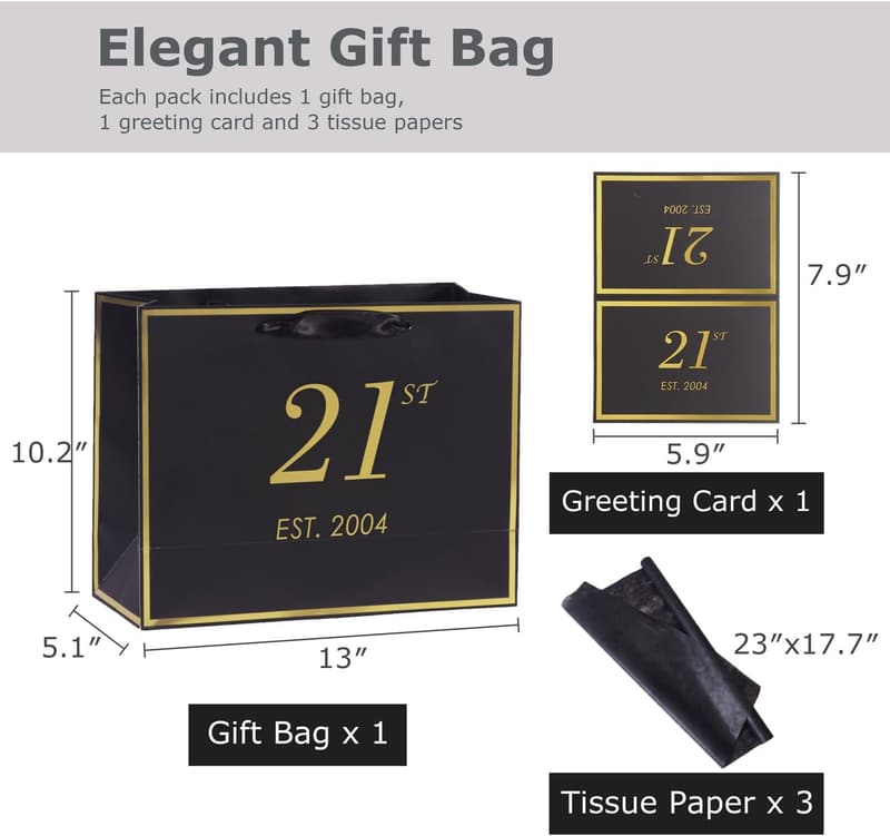 21st Birthday Gift Bag with Card & Tissue Paper - Black Gold