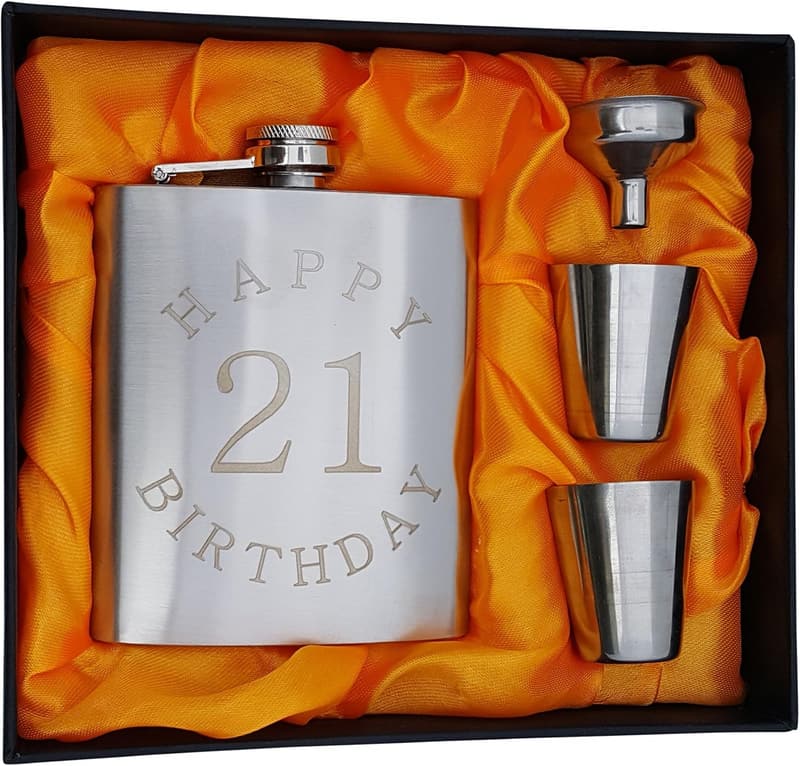 21st Birthday Engraved Flask Gift Set - 7 oz