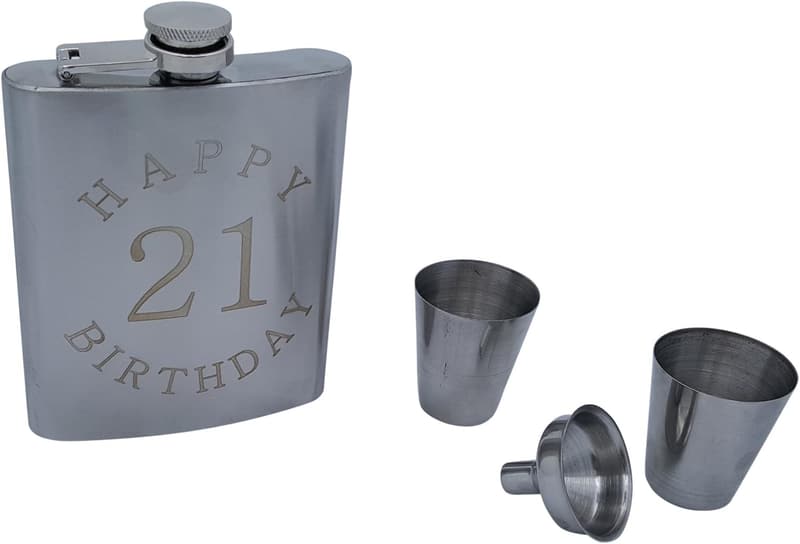 21st Birthday Engraved Flask Gift Set - 7 oz