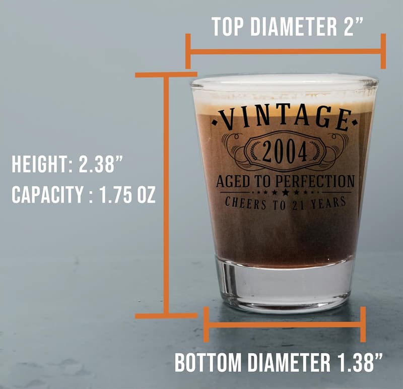 21st Birthday Shot Glass - Vintage 2004 Black Print, 1.75oz