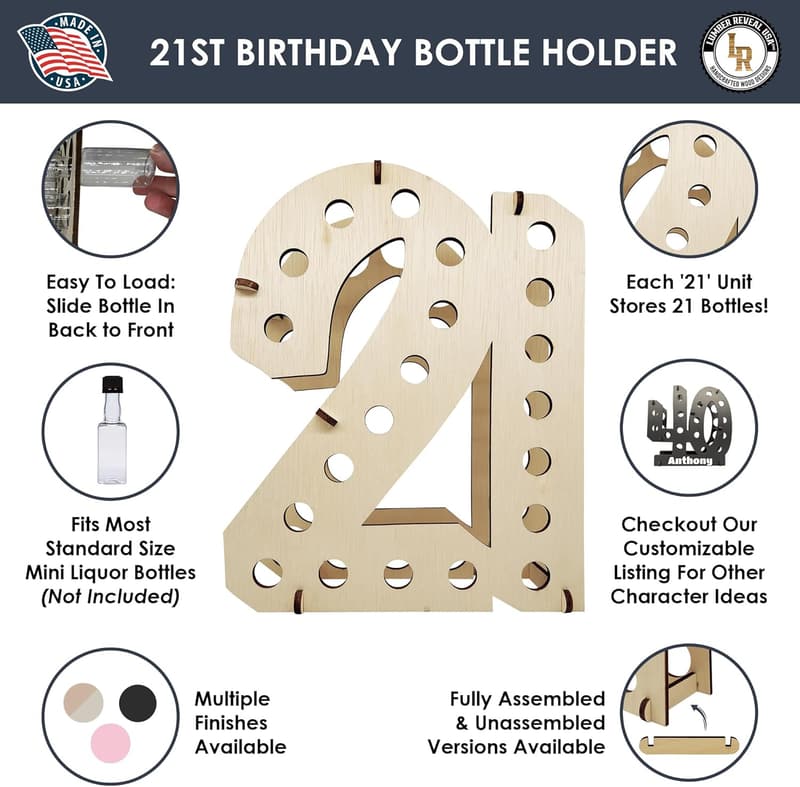 21st Birthday Mini Liquor Bottle Display Shelf - 3 Colors