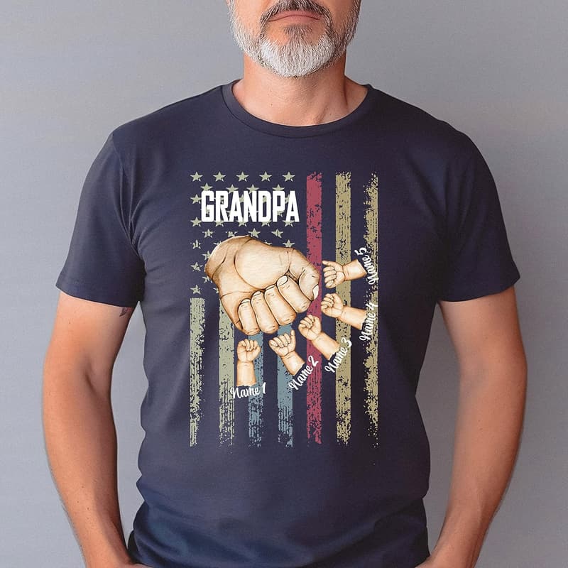 Custom American Flag T-Shirt for Dad with Kids' Names