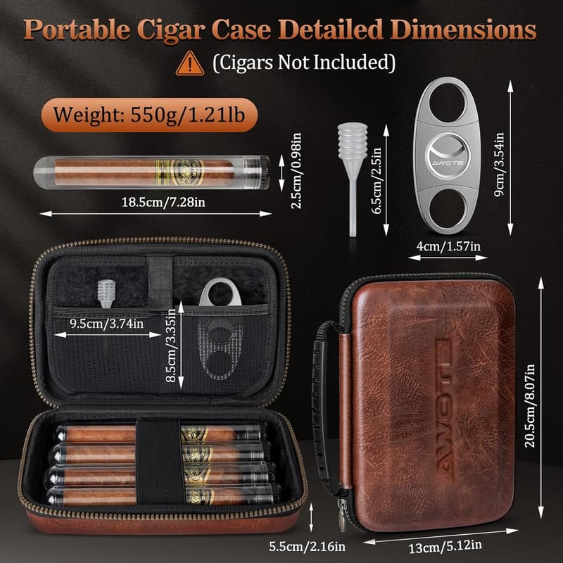 Portable Leather Travel Cigar Humidor Case with Cutter