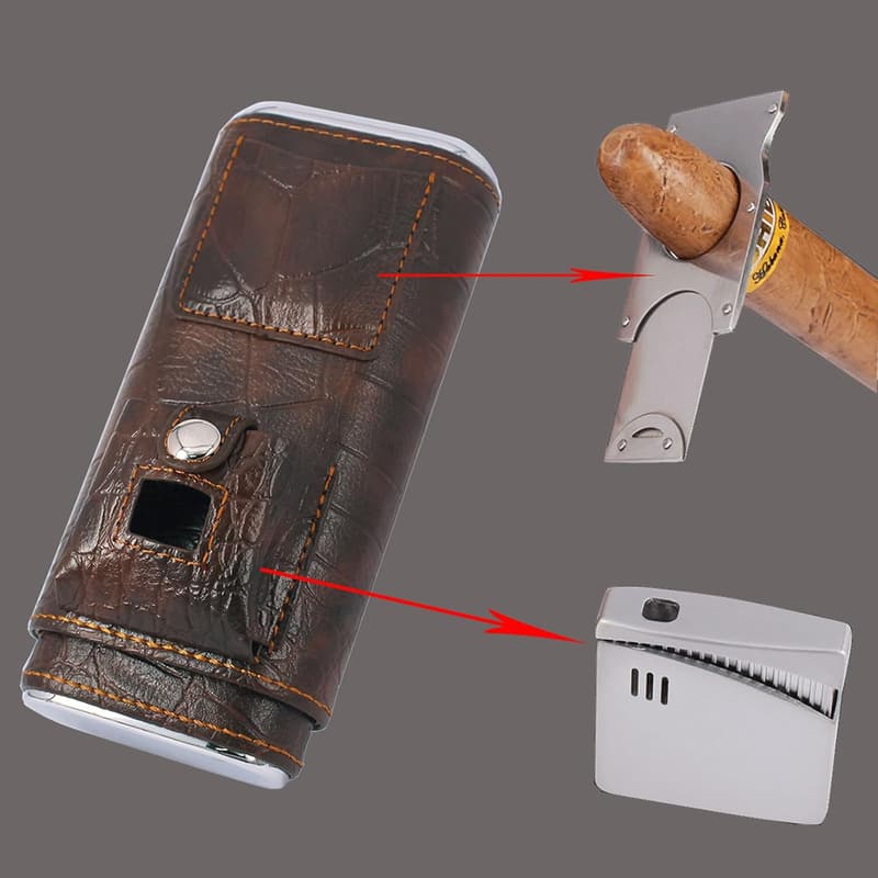 Luxury Crocodile Leather Cigar Humidor Set with Lighter & Cutter