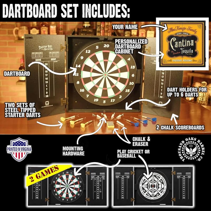Personalized Dartboard Cabinet Set with 6 Steel Tip Darts
