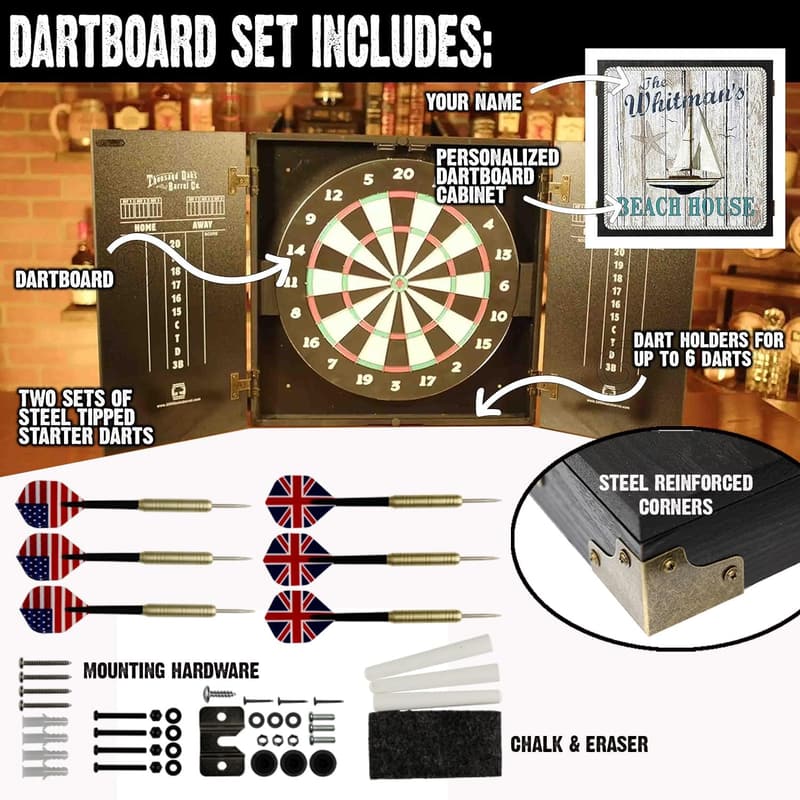 Personalized Dartboard Set with Cabinet and 6 Steel Tip Darts