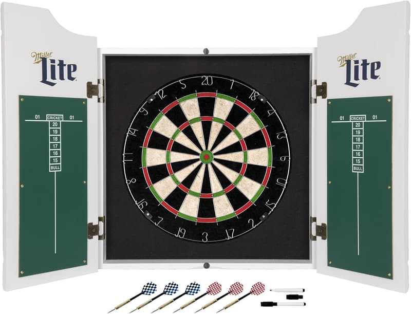 Miller Lite Retro Dartboard Set with Cabinet & 6 Steel Tip Darts