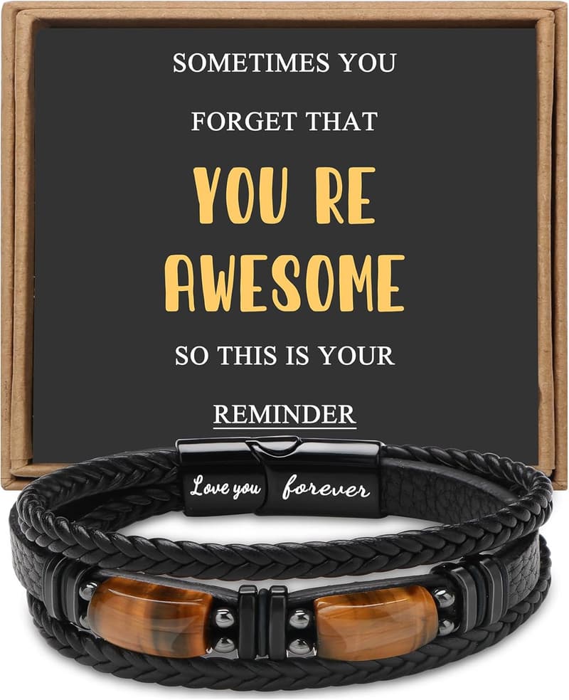 Father's Day Leather Bracelet for Men with Tiger Eye Stone