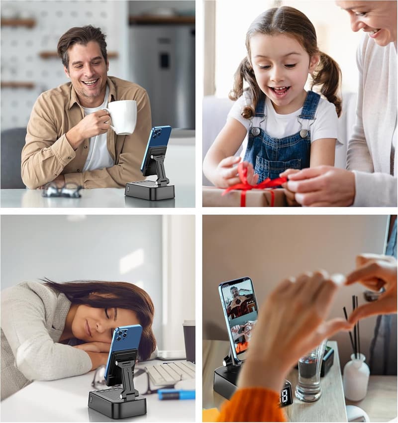 Bluetooth Phone Stand and Speaker with 360° Rotation for Home Office (Black)