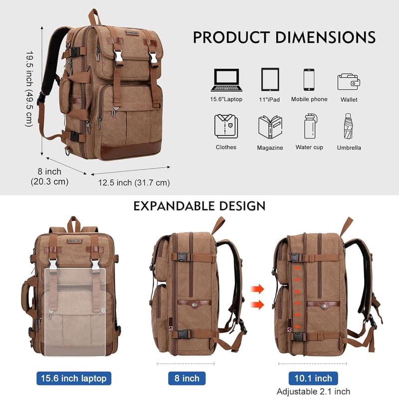 Large Convertible Canvas Travel Backpack for Men - Airline Approved