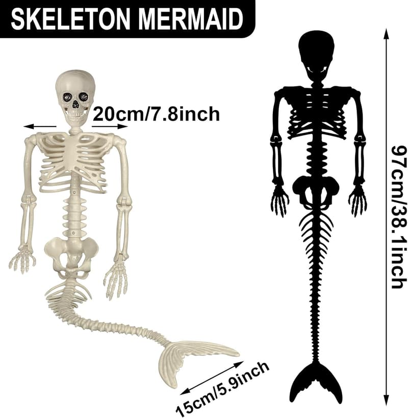 Halloween Mermaid Skeleton Decoration, 38-Inch Poseable Duo