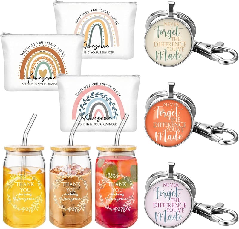 Employee Appreciation Gift Set: 16oz Glass Cup & Keychain for Women