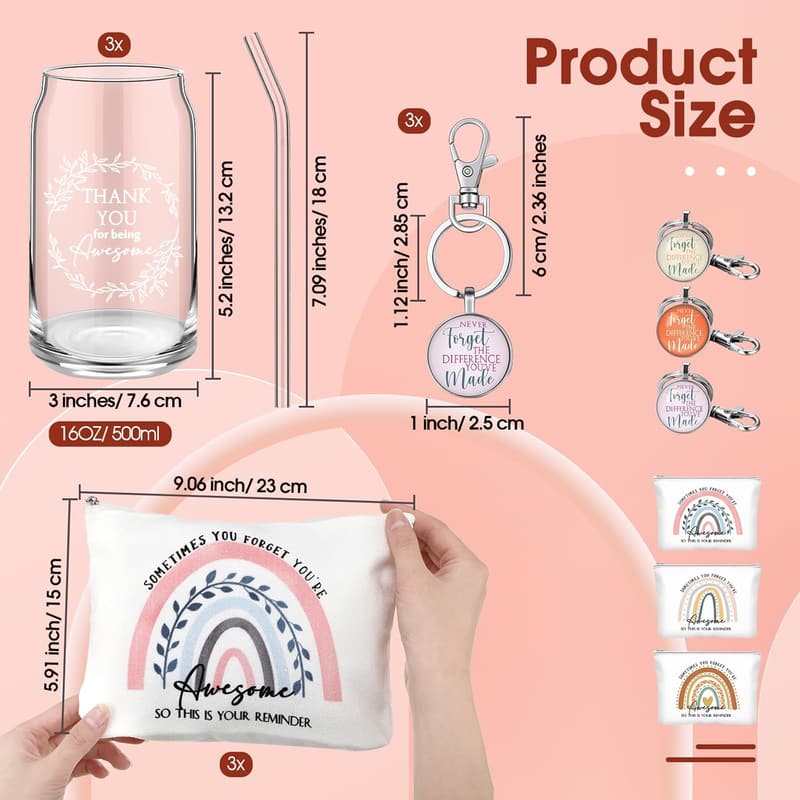 Employee Appreciation Gift Set: 16oz Glass Cup & Keychain for Women