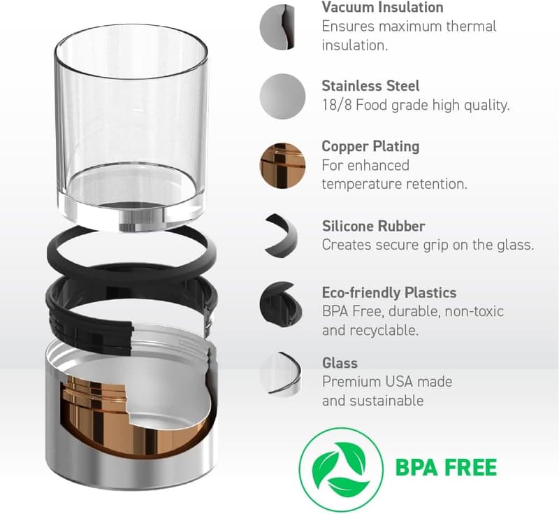 Insulated Whiskey Glass with Natural Wood Sleeve, 10.5 oz