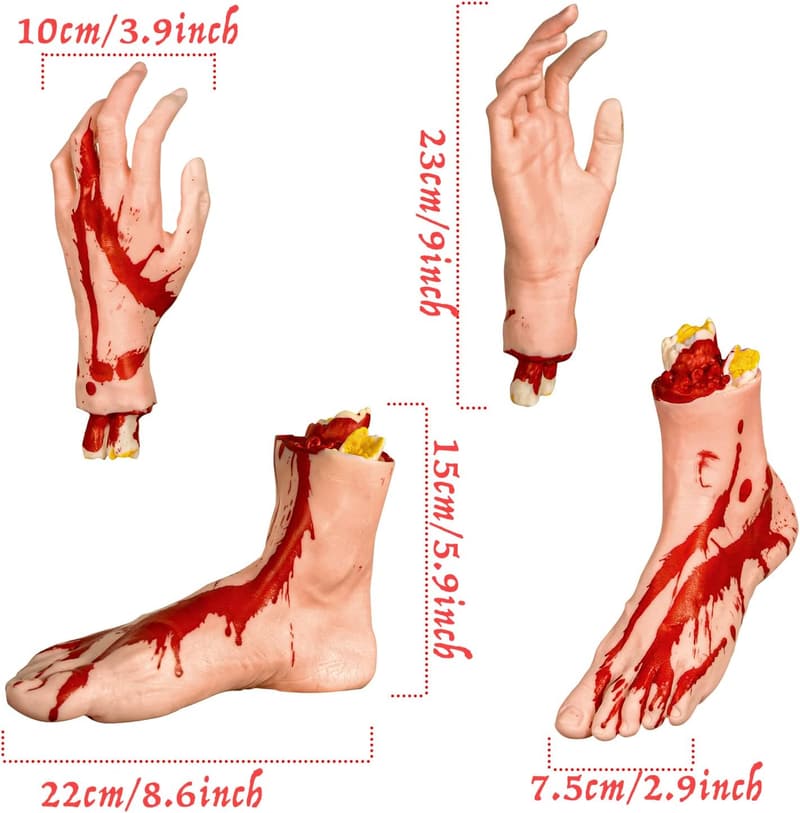 Scary Halloween Severed Hands & Feet Props Set, 4 Pieces