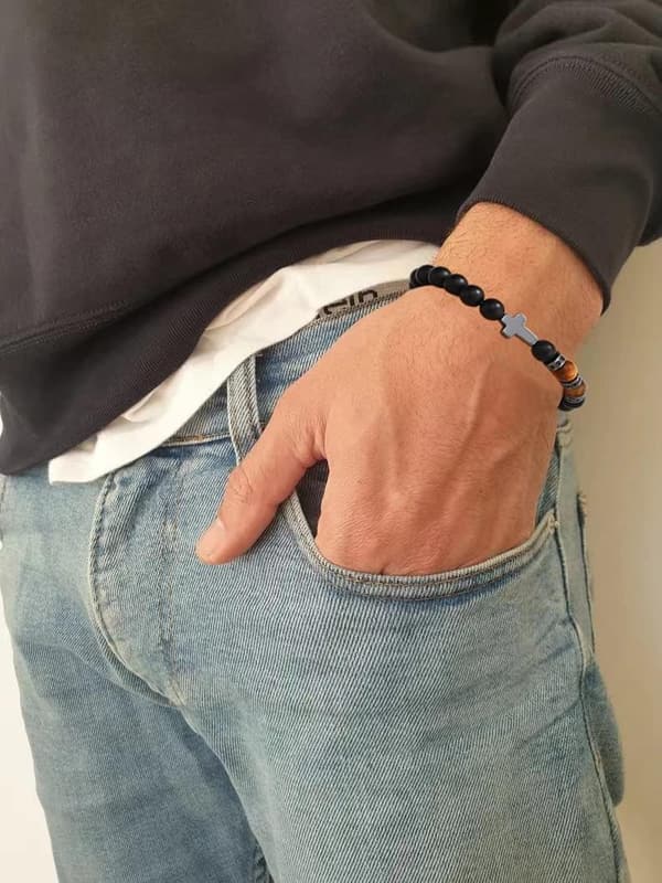 Father's Day Black Tiger Eye Cross Bracelet for Men