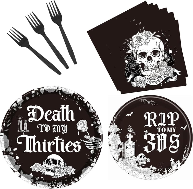 40th Birthday Skull Tableware Set - 96PCS Black & White