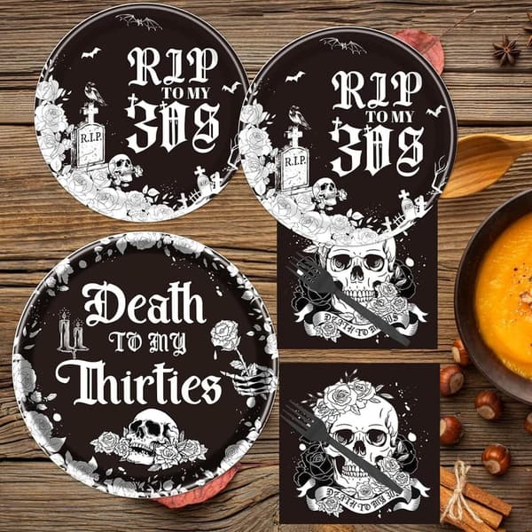 40th Birthday Skull Tableware Set - 96PCS Black & White
