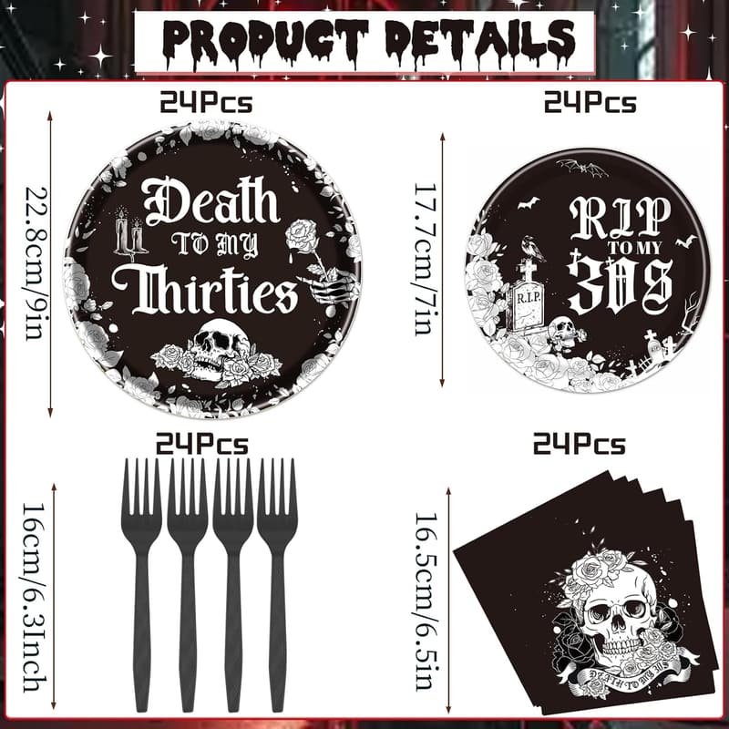 40th Birthday Skull Tableware Set - 96PCS Black & White