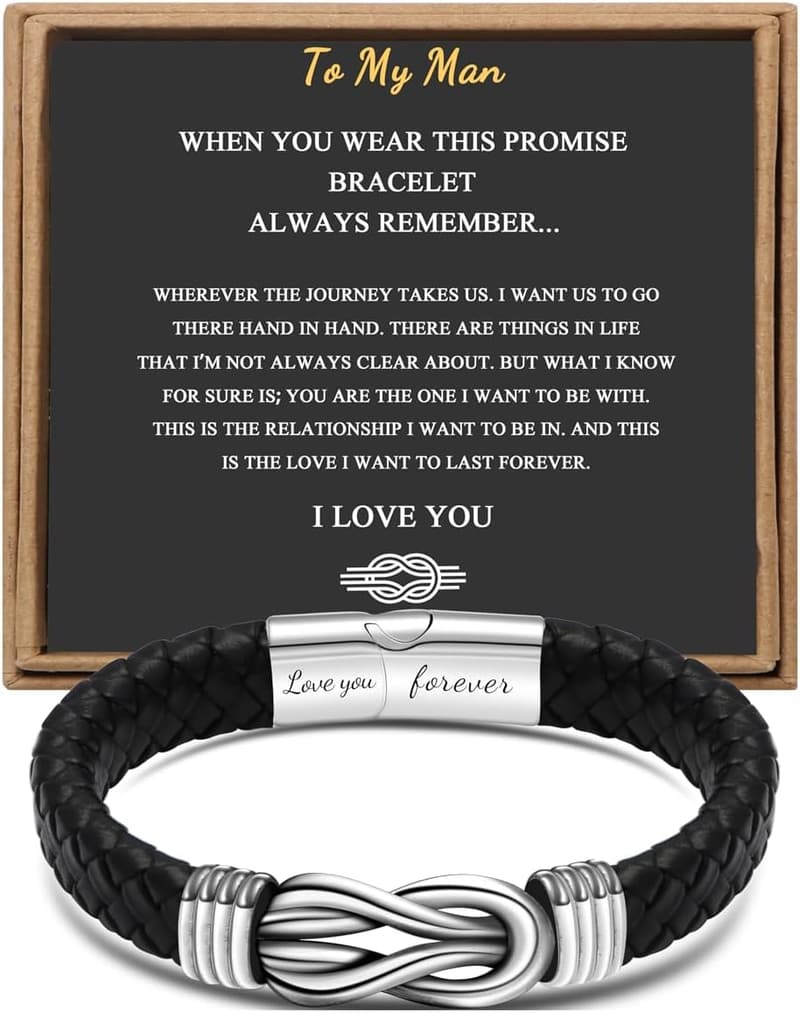 Men's Stainless Steel Engraved Black Leather Infinity Bracelet