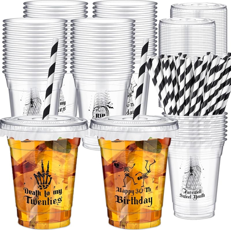 20th Birthday Party Cups - 50 Clear Disposable Cups with Straws
