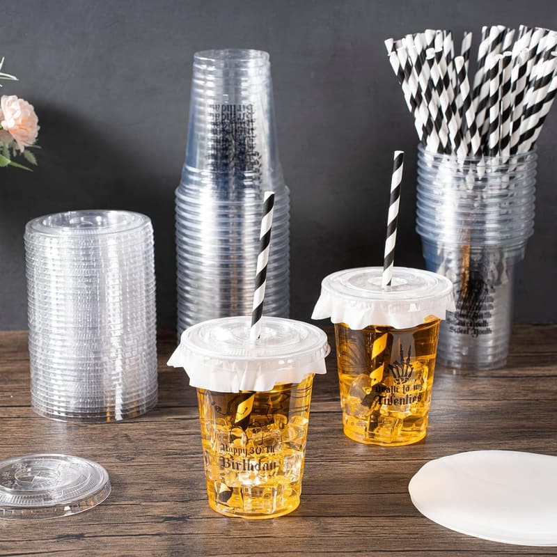 20th Birthday Party Cups - 50 Clear Disposable Cups with Straws