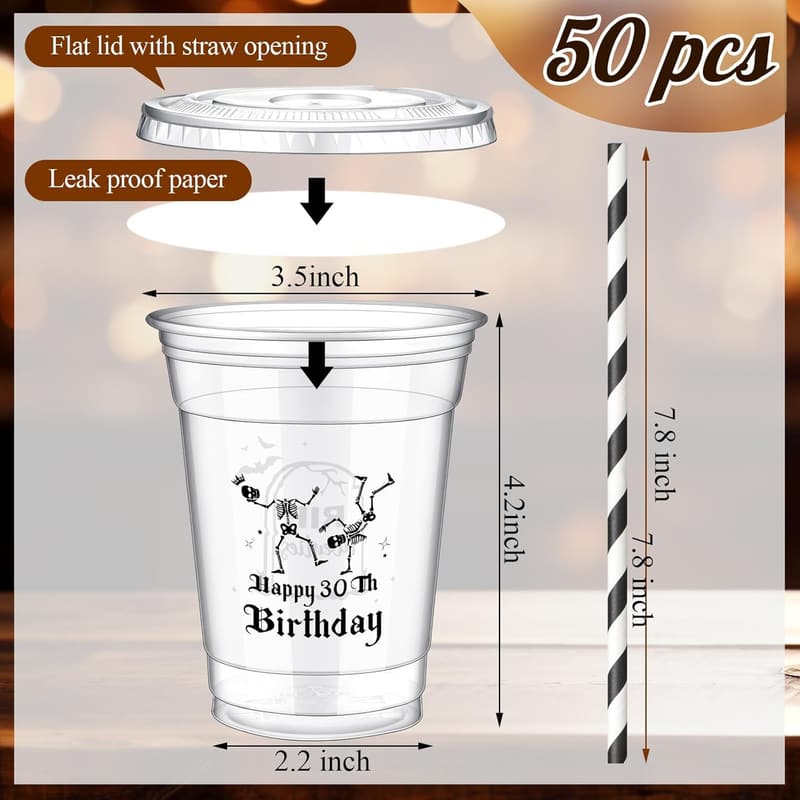 20th Birthday Party Cups - 50 Clear Disposable Cups with Straws