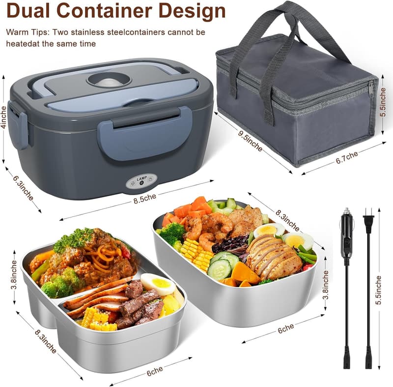 Portable Heated Lunch Box with 2 Containers for Men