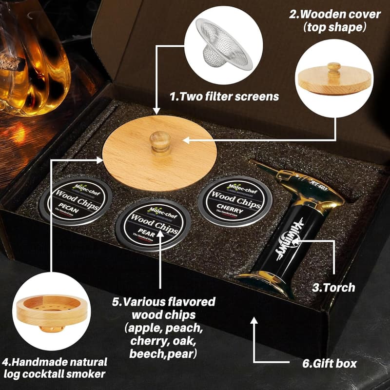 Whiskey Smoker Kit with Torch & 6 Wood Chip Flavors