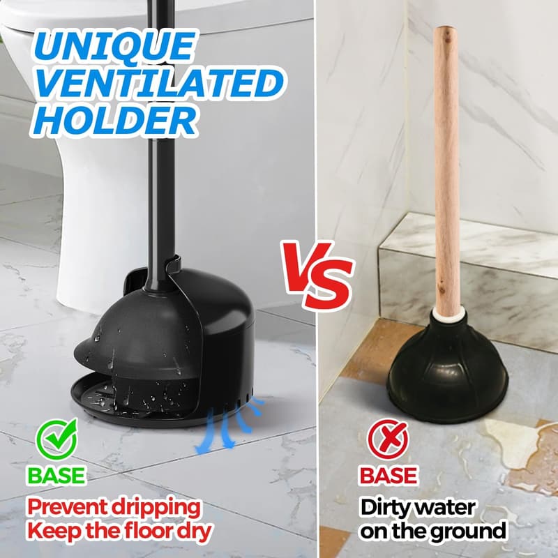 Bathroom Plunger with Holder - 19-Inch Black Toilet Tool