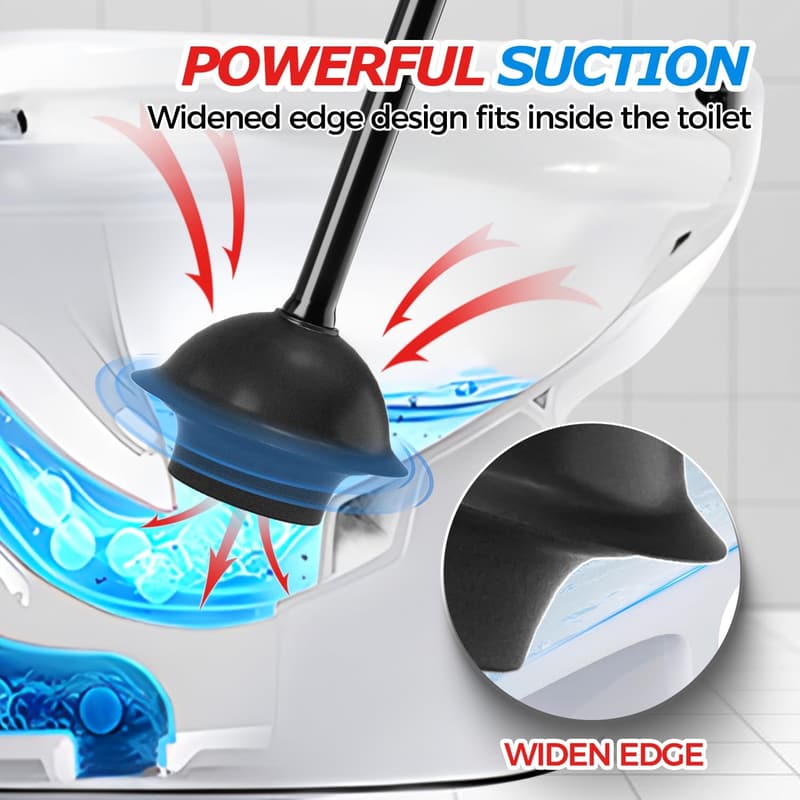 Bathroom Plunger with Holder - 19-Inch Black Toilet Tool