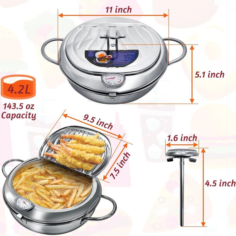 Japanese Style 4.4Qt Stainless Steel Deep Fryer with Lid