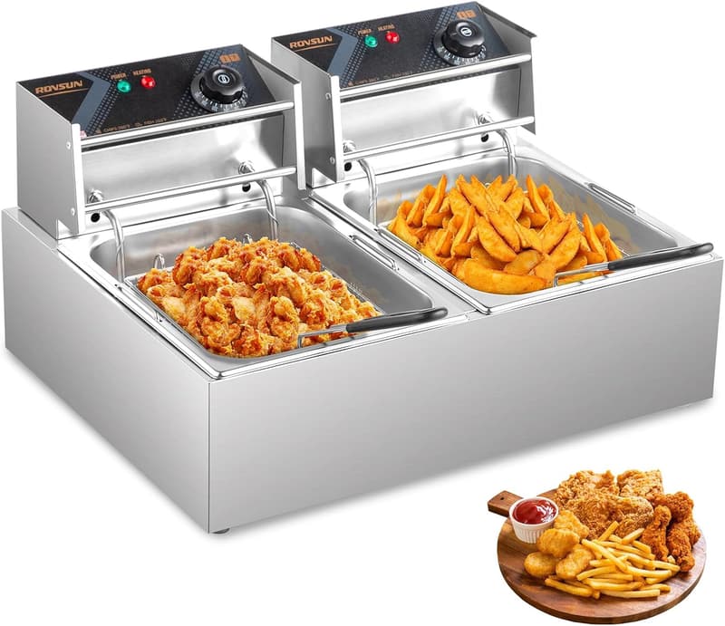 Commercial Stainless Steel Electric Deep Fryer - 22.8QT Dual Tank