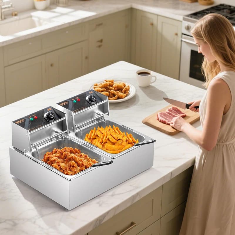 Commercial Stainless Steel Electric Deep Fryer - 22.8QT Dual Tank