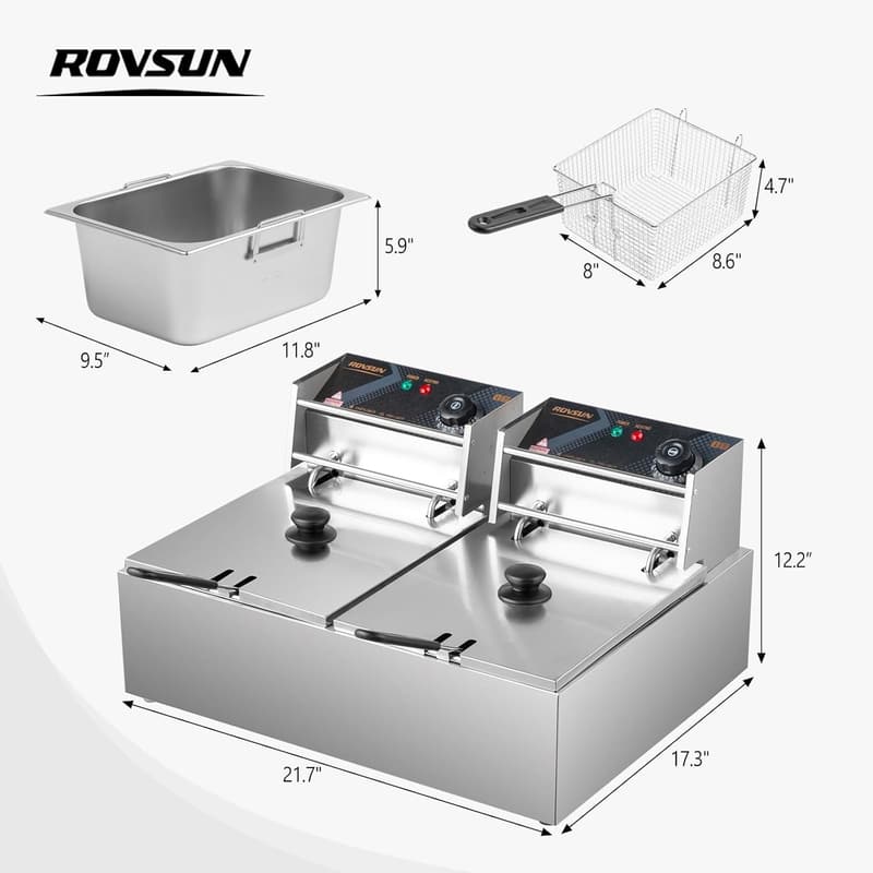 Commercial Stainless Steel Electric Deep Fryer - 22.8QT Dual Tank