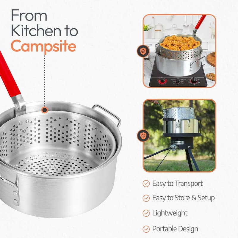 10QT Aluminum Fish Fryer Pot with Basket for Outdoor Cooking