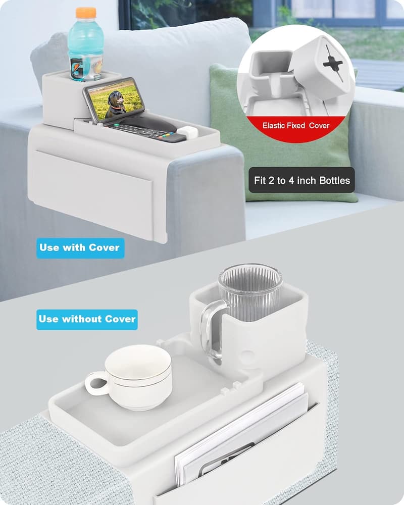 Anti-Slip Couch Cup Holder Tray with Side Pockets