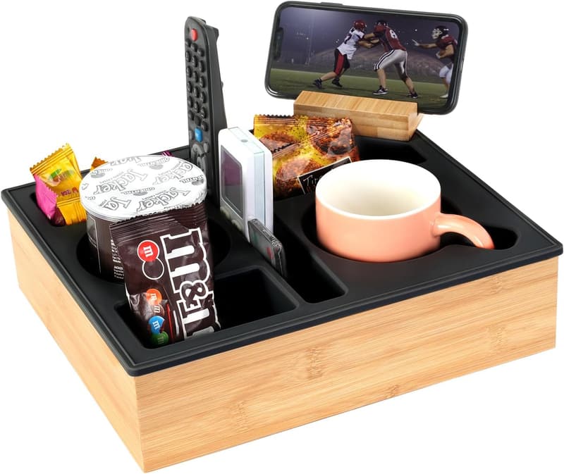 Couch Cup Holder Tray with Rotatable Phone Holder - Black