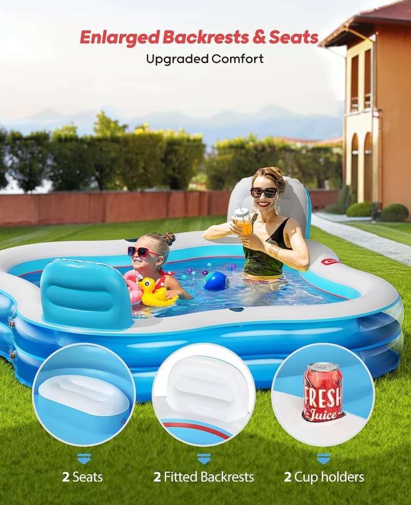 Large Inflatable Family Swimming Pool with 2 Seats and Backrests