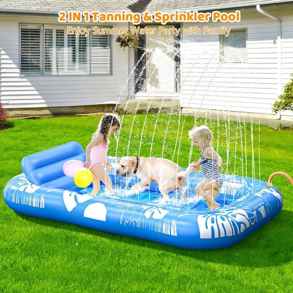 Inflatable Tanning Pool Lounger with Sprinkler and Drink Holder