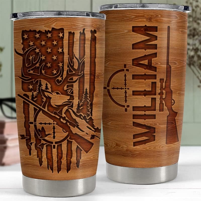 Personalized Hunting Tumbler - Wood Style American Flag, 20oz/30oz