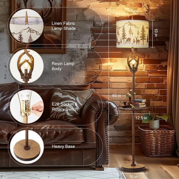 Rustic Deer Antlers Floor Lamp with Metal Tray for Living Room