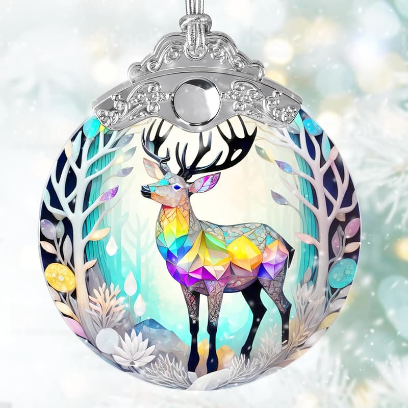 Christmas Deer Stained Glass Suncatcher - Holiday Ornament Decor