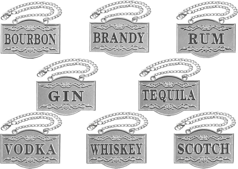 Silver Liquor Decanter Tags Set of 8 with Adjustable Chains