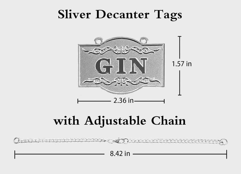 Silver Liquor Decanter Tags Set of 8 with Adjustable Chains