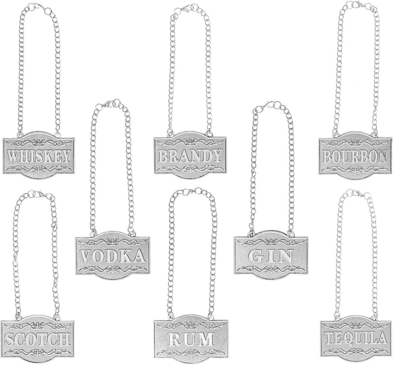 Silver Liquor Decanter Tags Set of 8 with Adjustable Chains